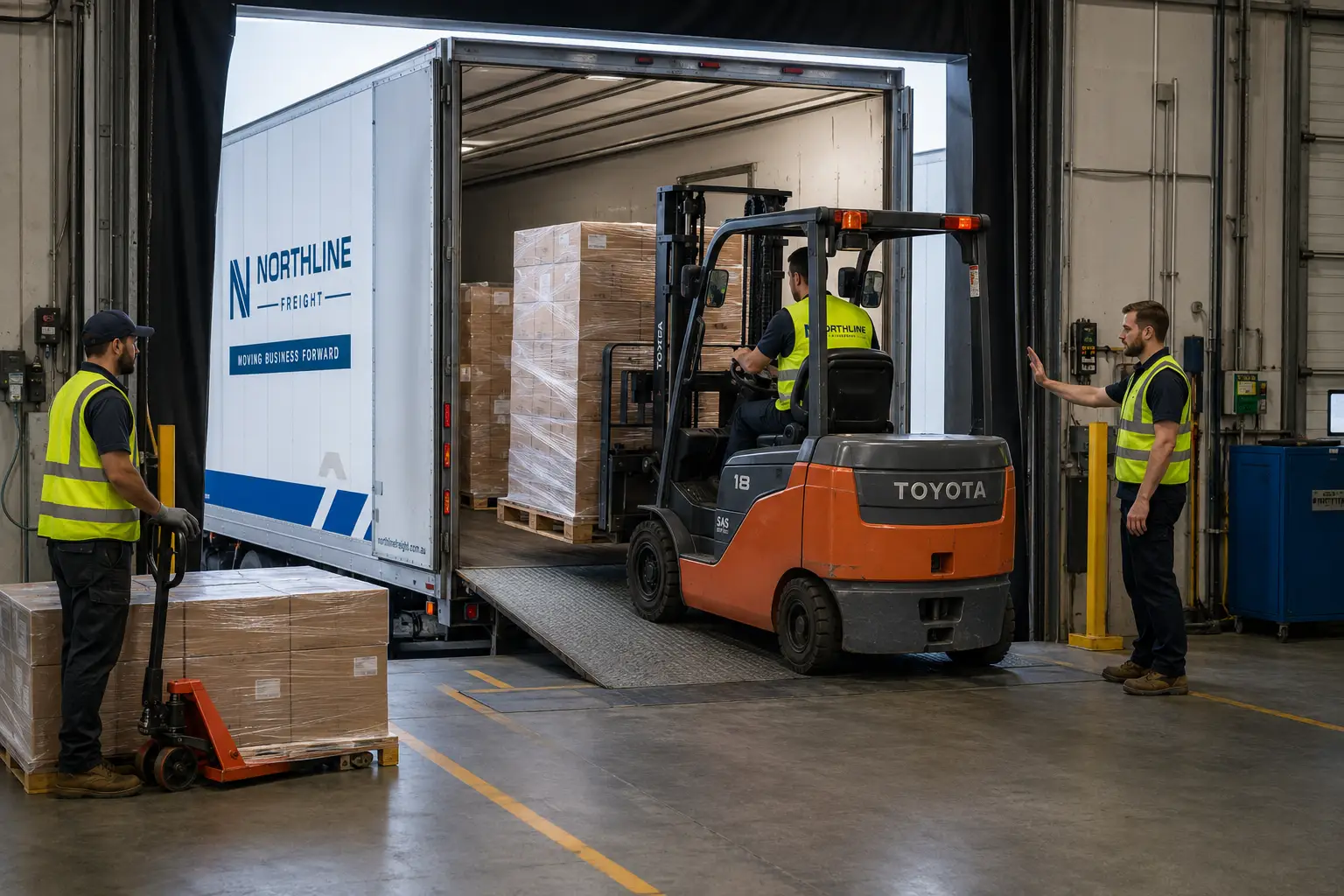 Forklift loading palletized freight into a delivery truck
